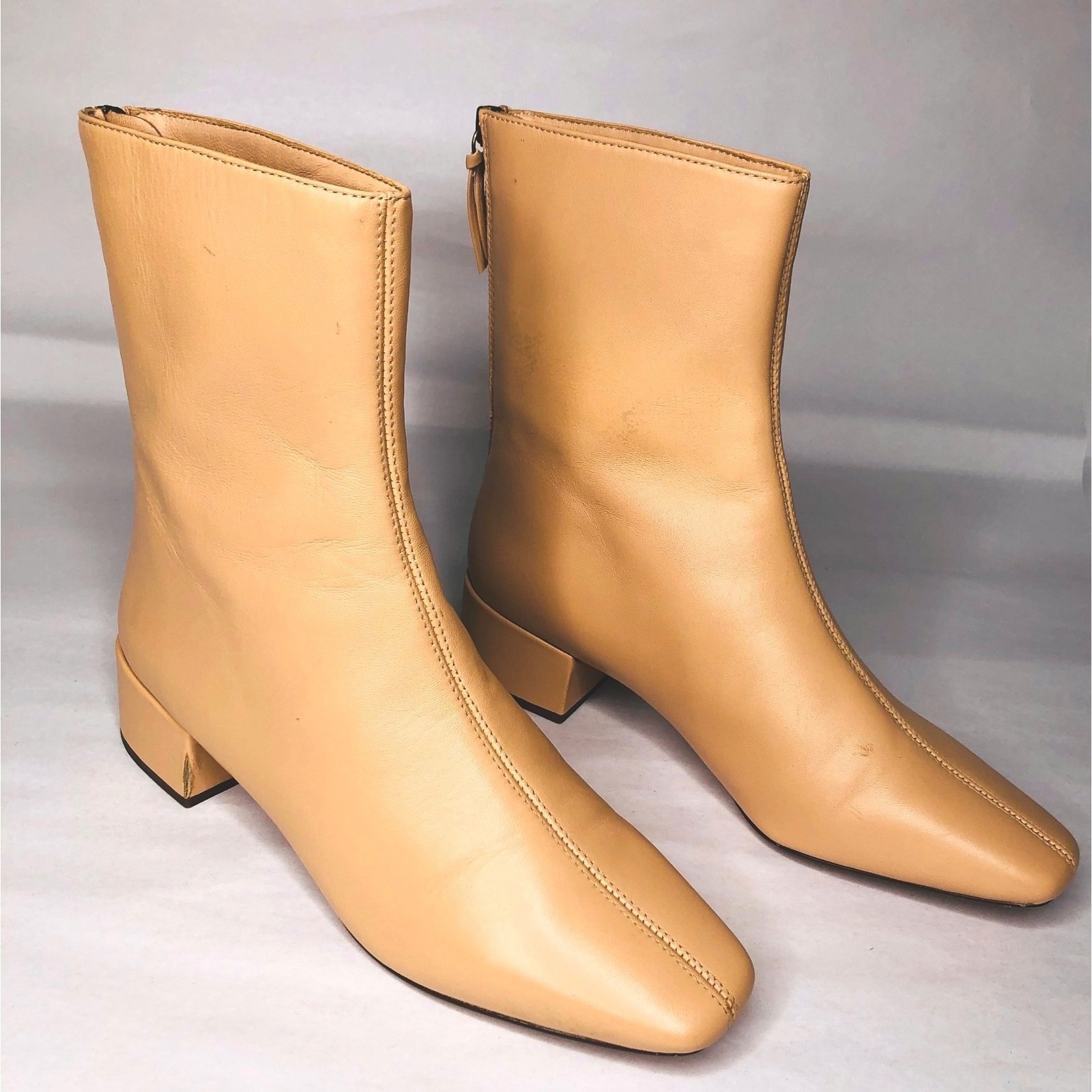 J. Crew Roxie Square Toe Center-Seam Leather Heeled Ankle Boots Camel Zip 6.5